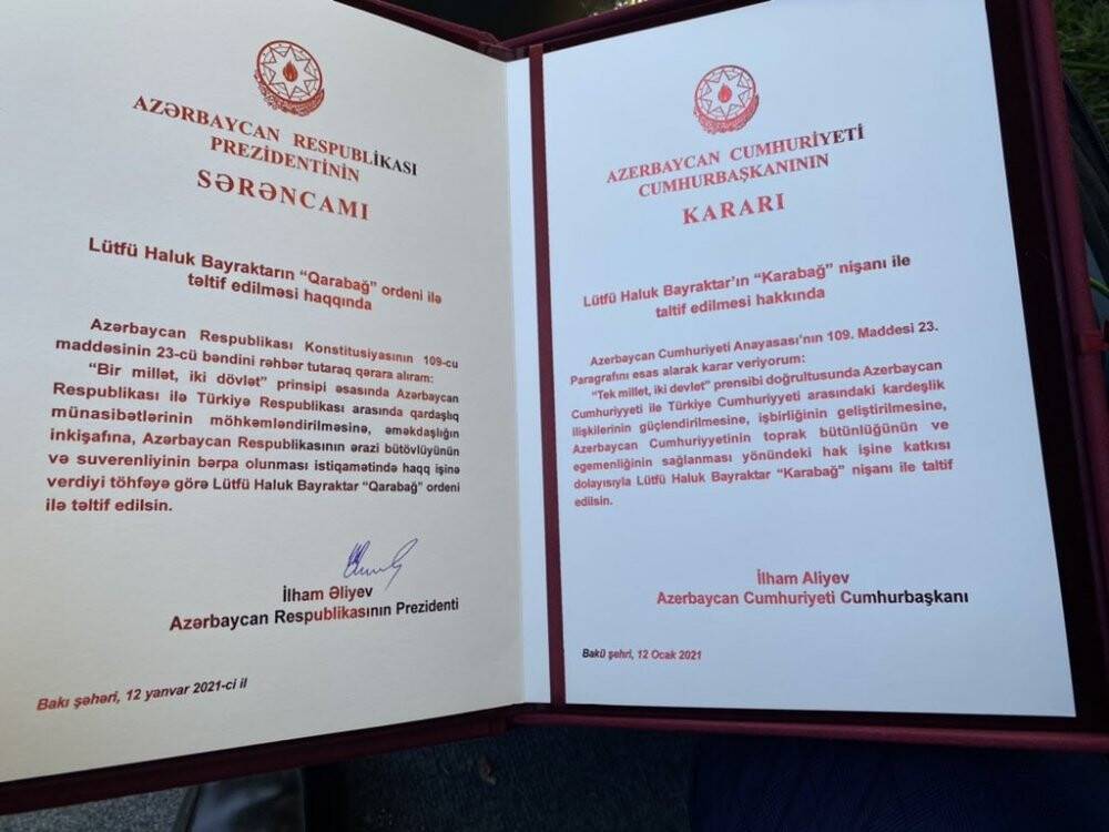 Aliyev’den Haluk Bayraktar’a Karabağ Nişanı