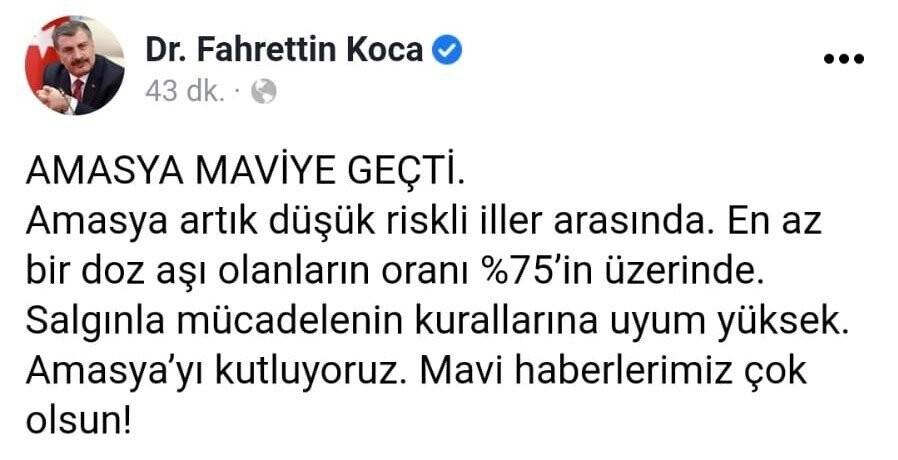 Sağlık Bakanı Koca: Amasya’yı kutluyoruz