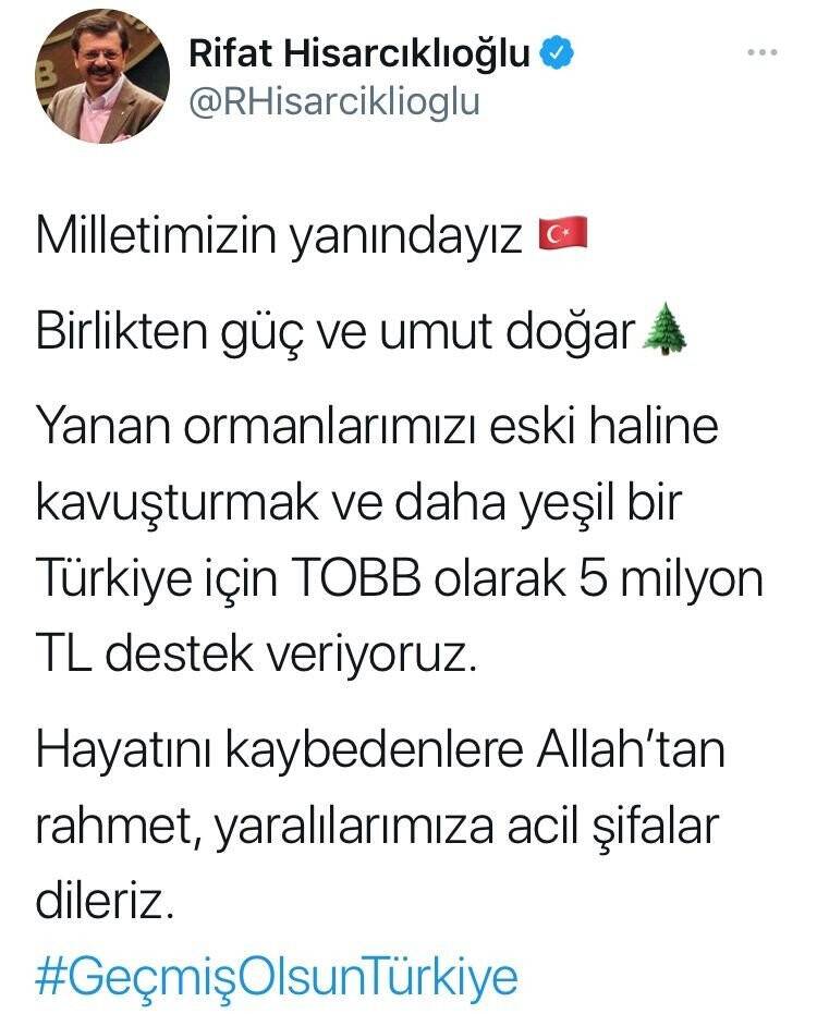 TOBB yanan ormanlar için 5 milyon TL yardımda bulunacak