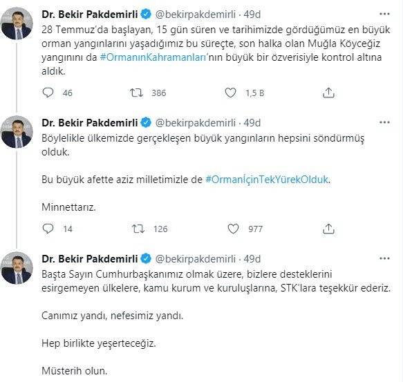 Bakan Pakdemirli: Köyceğiz yangını kontrol altına alındı