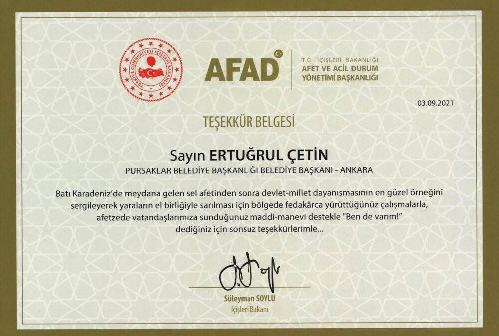 Bakan Süleyman Soylu’dan, Başkan Ertuğrul Çetin’e teşekkür belgesi