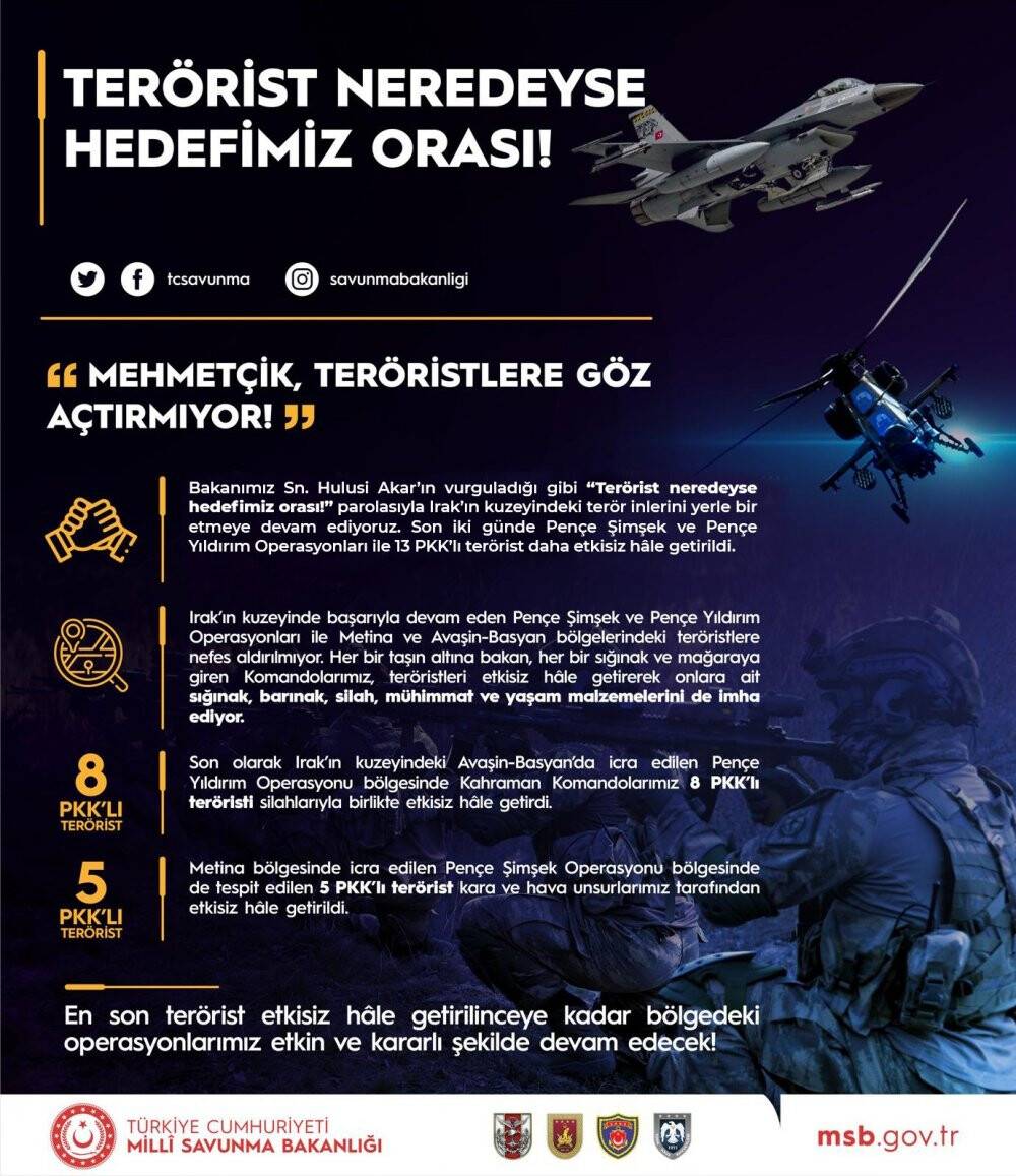 MSB duyurdu: Son iki günde 13 terörist daha etkisiz hale getirildi