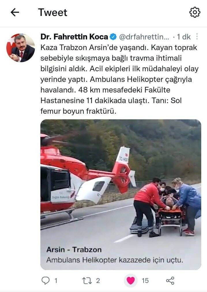 Sağlık Bakanı Fahrettin Koca yaralı işçi için havalanan ambulans helikopteri görüntülerini sosyal medya hesabından paylaştı