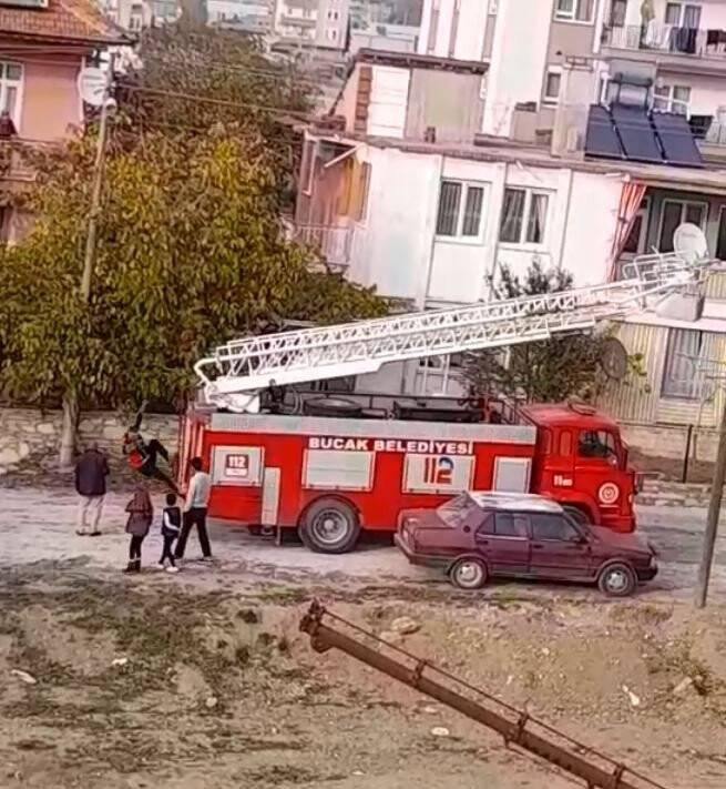 İtfaiye eri kediyi kurtarıp kendi düştü