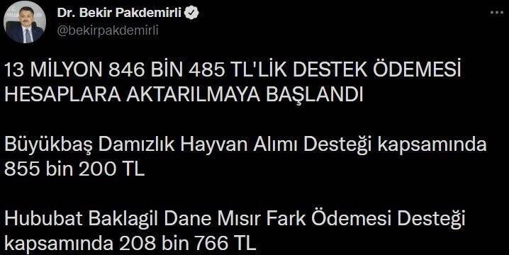 Bakan Pakdemirli: “13 milyon lirayı aşkın destek ödemesi hesaplara aktarılmaya başlandı”