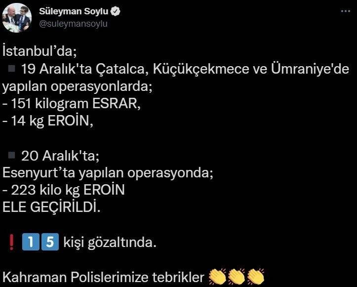 Bakan Soylu: İstanbul’da 151 kilogram esrar ve 237 kilogram eroin yakalayan kahraman polislerimizi tebrik ediyorum