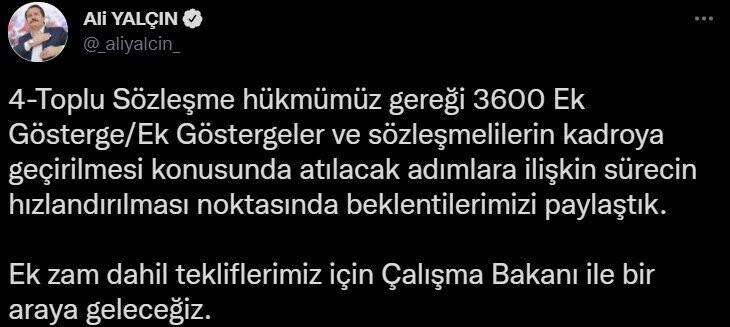 Memur-Sen Başkanı Yalçın: “Cumhurbaşkanımıza, kamu görevlilerine ek zam beklentimizi aktardık”