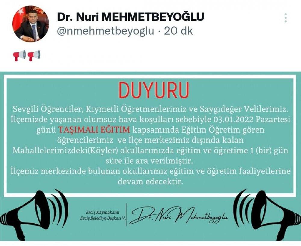 Erciş’te olumsuz hava şartları sebebiyle taşımalı eğitime 1 gün ara verildi