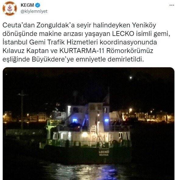 Boğaz’da arızalanan gemiye müdahale edildi