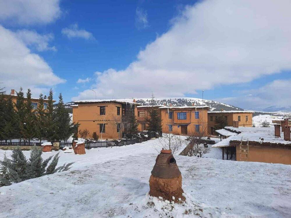 Şükran Köyü’nde kerpiç evlerin toprak damlarında kar küreme mesaisi