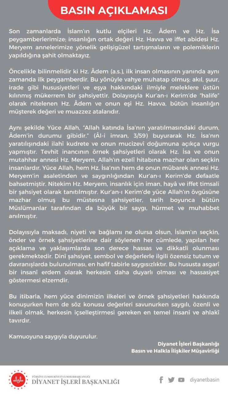 Diyanet’ten Hz. Adem ve Hz. Havva’ya yönelik tartışma ve polemiklere cevap