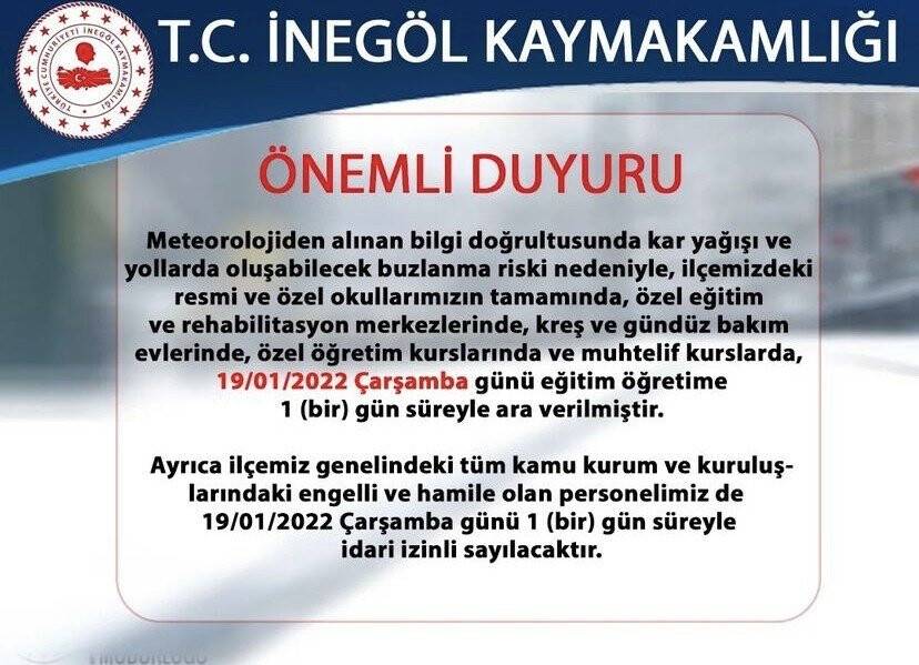 İnegöl’de eğitime kar engeli