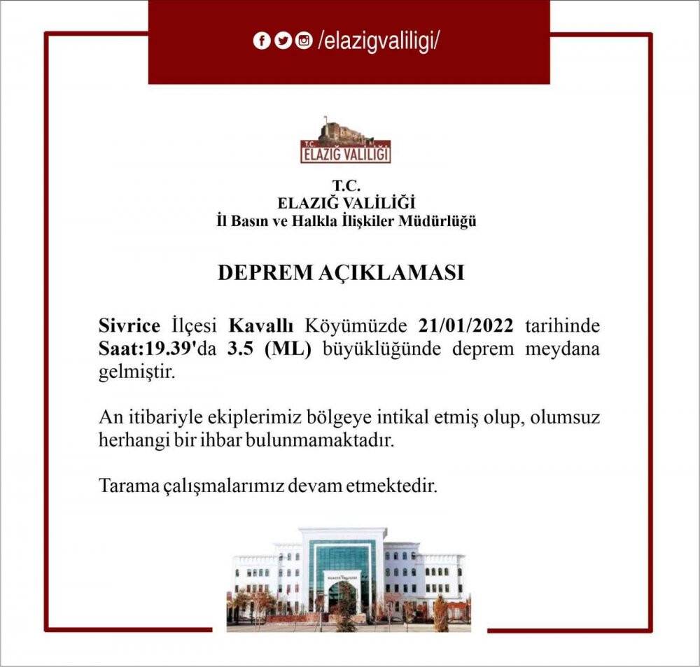 Elazığ Valiliğinden deprem açıklaması