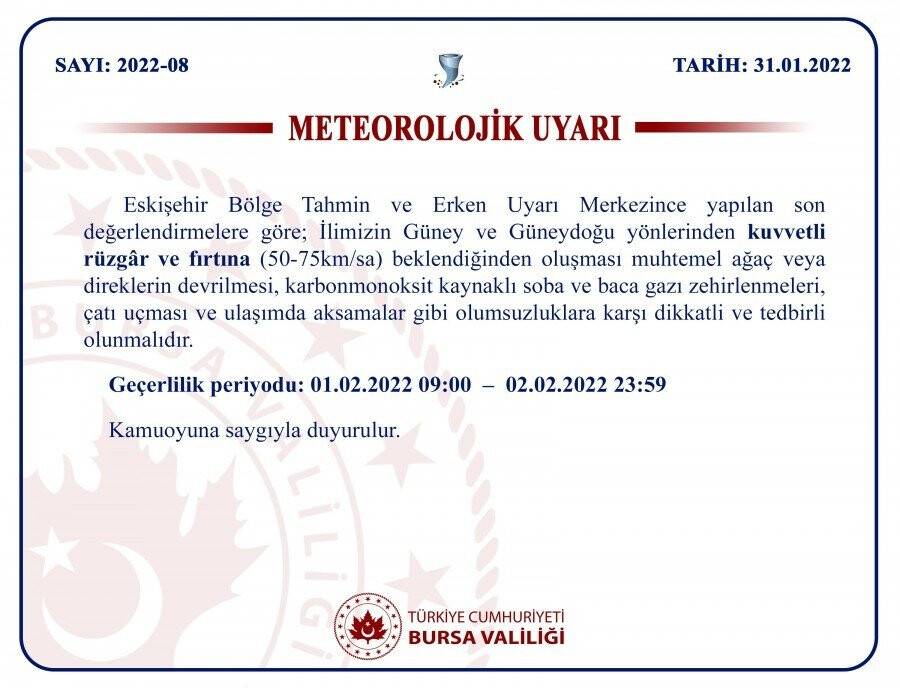 Bursa Valiliği’nden fırtına uyarısı