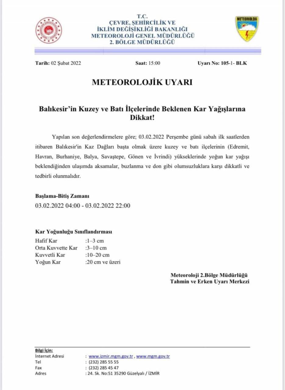 Meteorolojiden Balıkesir için kar uyarısı