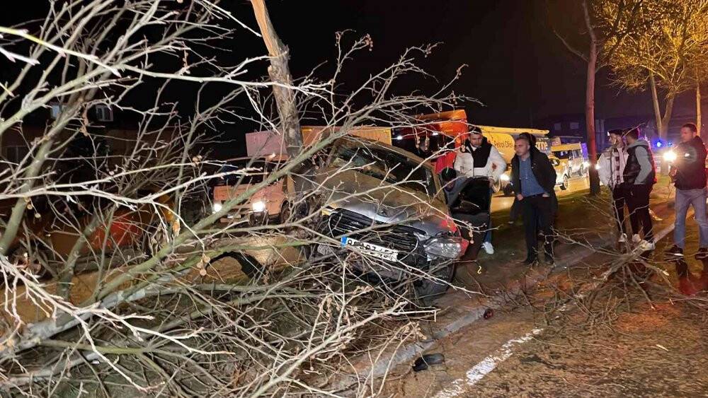 Otomobil ağaca asılı kaldı