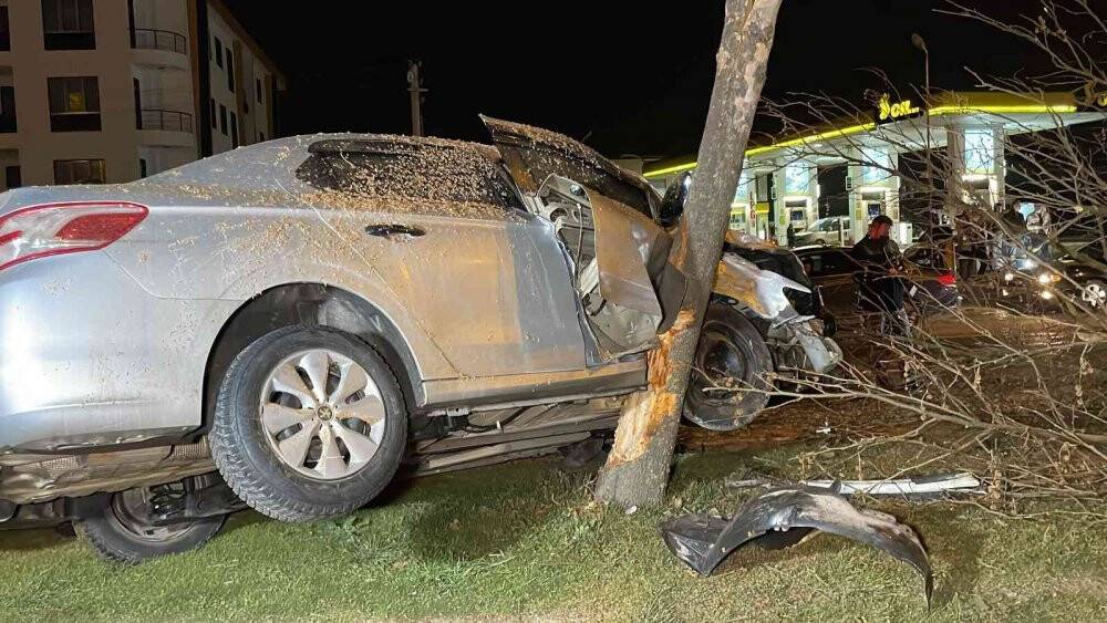 Otomobil ağaca asılı kaldı