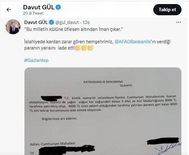 Afetzede gelen yardımın yarısını devlete iade etti