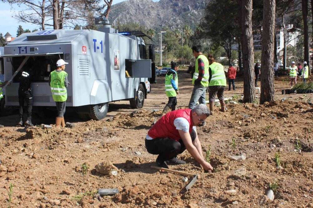 Polisler aileleri ile yanan alanlara fidan diktiler