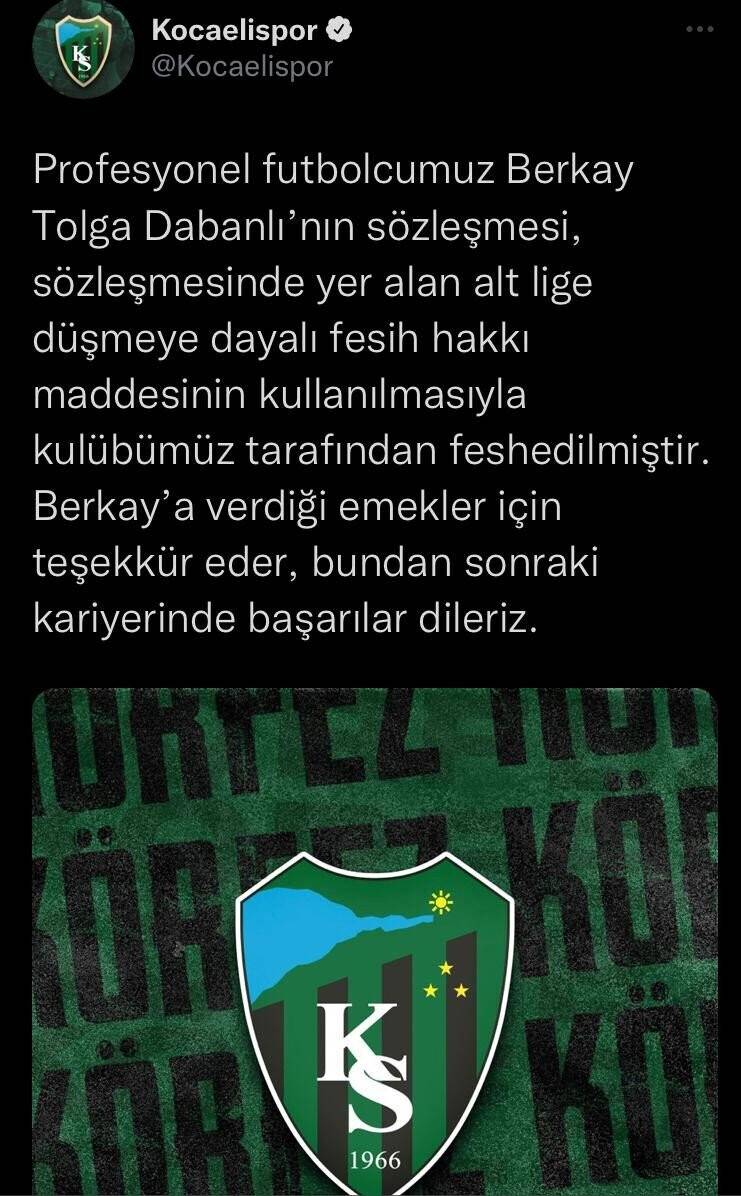 Kocaelispor’da Berkay Dabanlı ile yollar ayrıldı