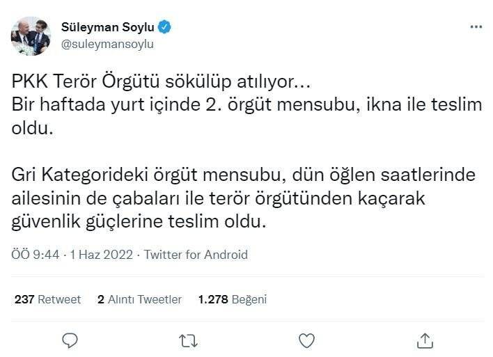 İçişleri Bakanı Soylu: Gri kategorideki örgüt mensubu teslim oldu