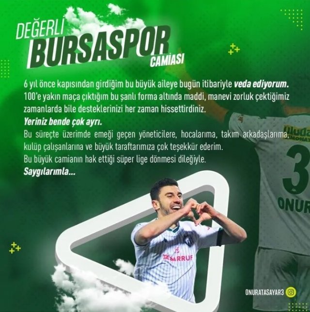 Onur Atasayar, Bursaspor’a veda etti