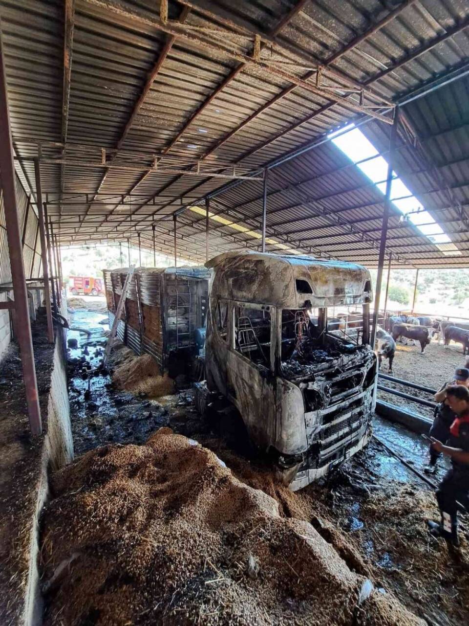 Besihaneye yem getiren tır yanarak kullanılamaz hale geldi