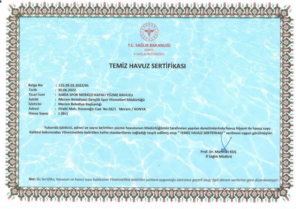 Rabia Spor Merkezi Temiz Havuz Belgesi almaya hak kazandı