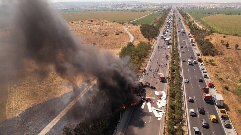 Saman yüklü tır yandı, alevler ağaçlara sıçradı