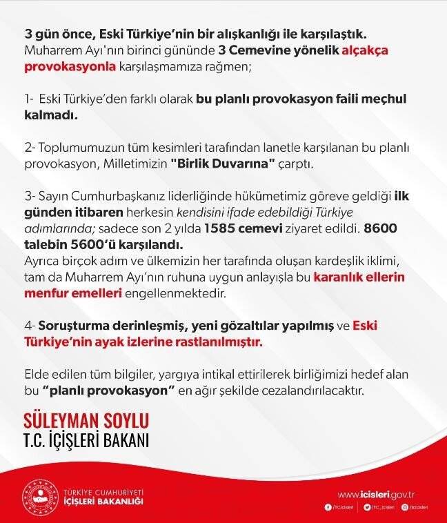 Bakan Soylu'dan 3 cemevine yönelik provokasyonla ilgili açıklama
