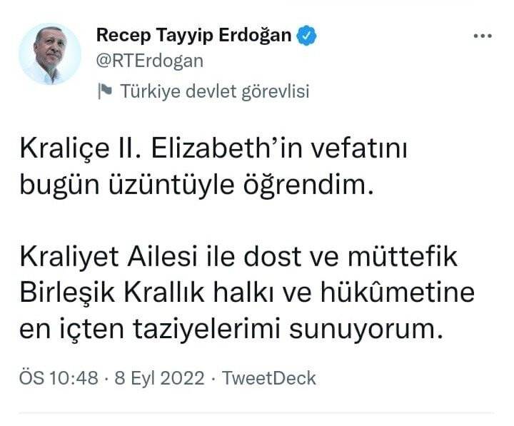 Cumhurbaşkanı Erdoğan, Kraliçe 2. Elizabeth için taziye mesajı yayımladı