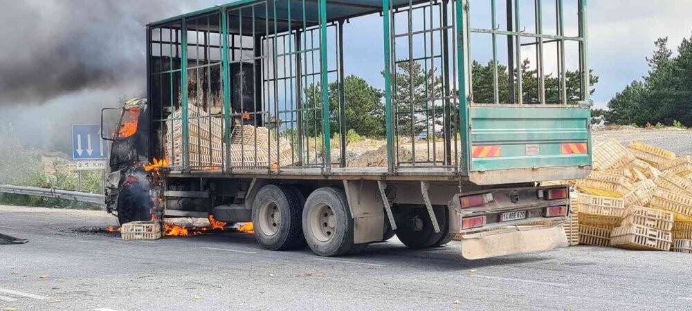 Seyir halindeki kamyon alev alev yandı