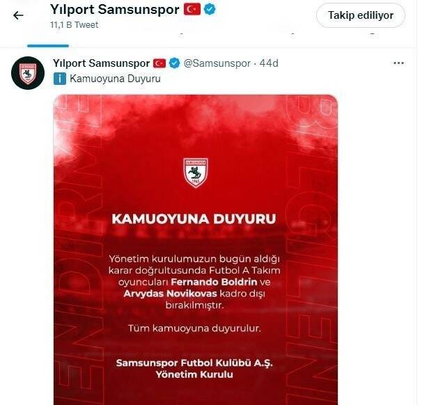 Samsunspor’da şok: Boldrin ve Novikovas kadro dışı bırakıldı