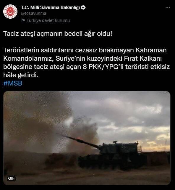 MSB: Taciz ateşi açan 8 PKK/YPG’li terörist etkisiz hale getirildi