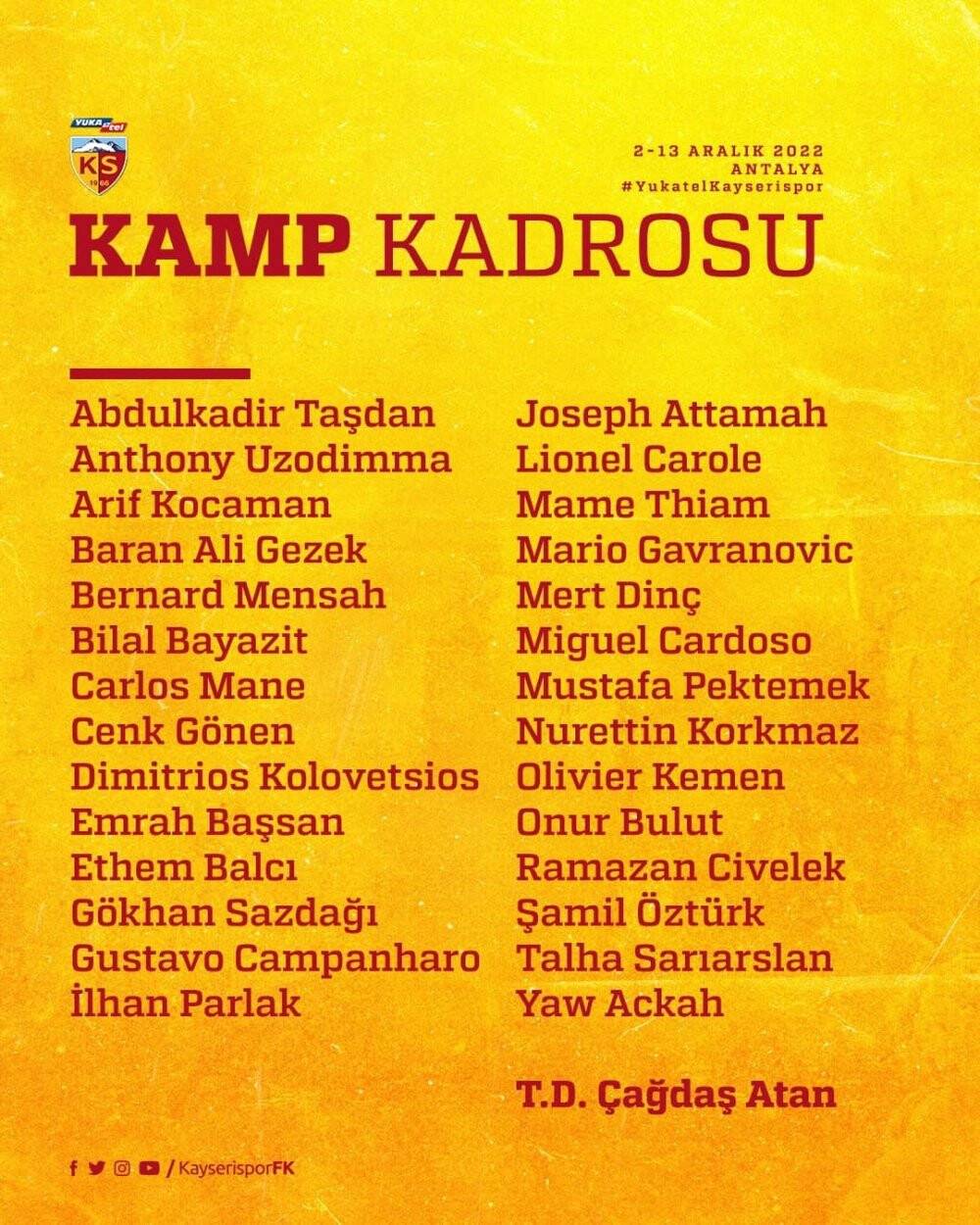 Kayserispor, Antalya’da toplandı