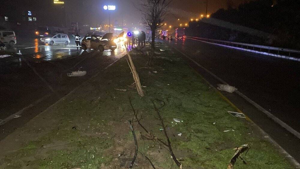 Kocaeli’de otomobil elektrik direği ve ağaçları devirdi