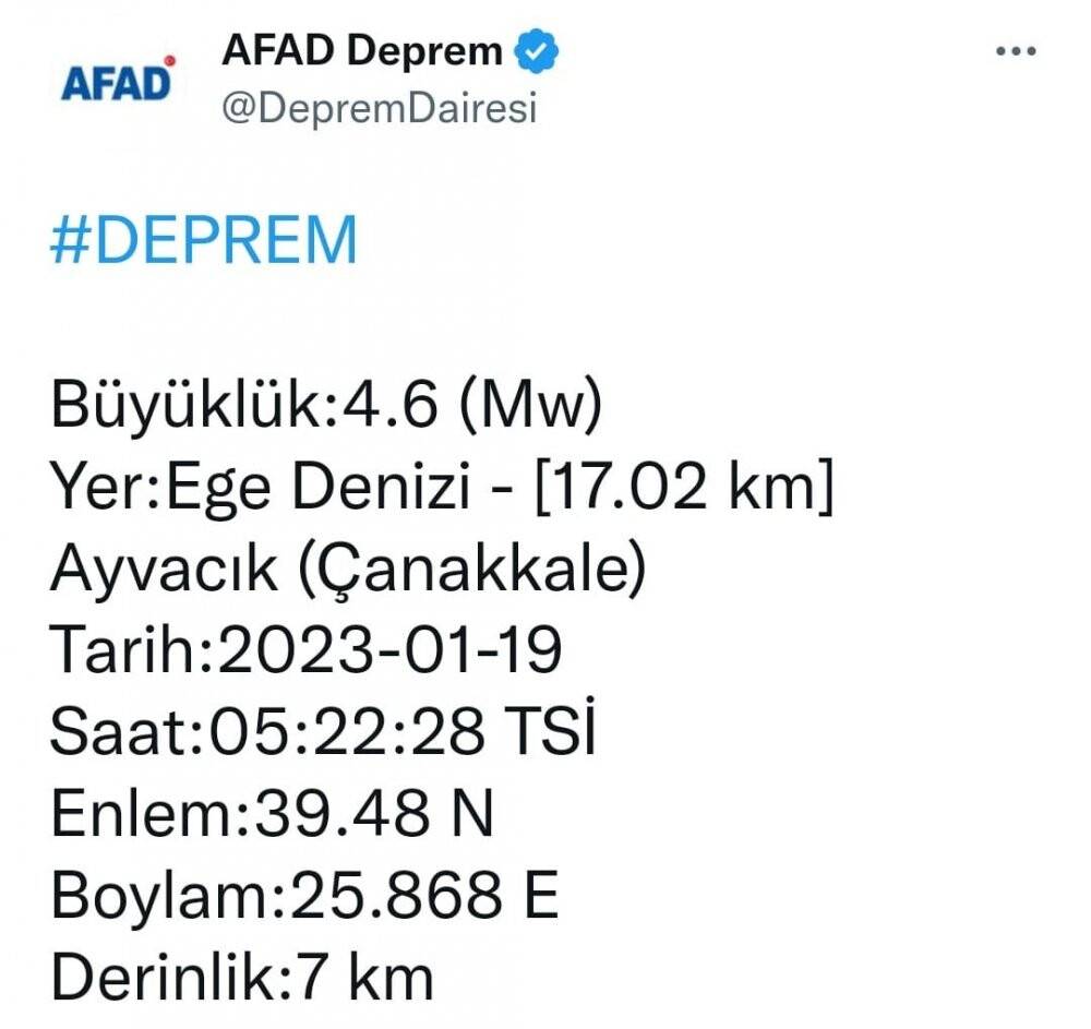 Çanakkale açıklarında deprem