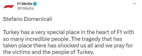 Formula 1’den, Türkiye’ye geçmiş olsun mesajı