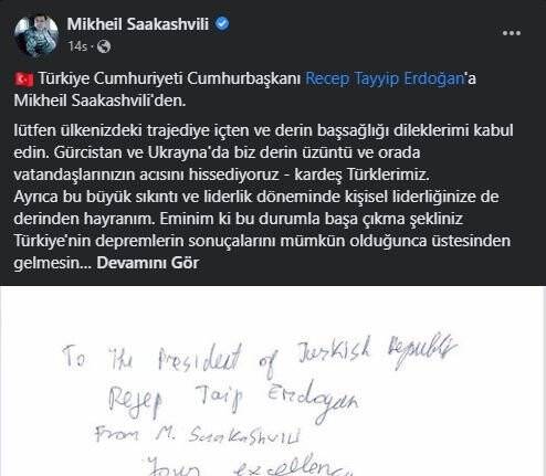 Gürcistan’ın tutuklu lideri Saakaşvili’den Cumhurbaşkanı Erdoğan’a taziye mesajı
