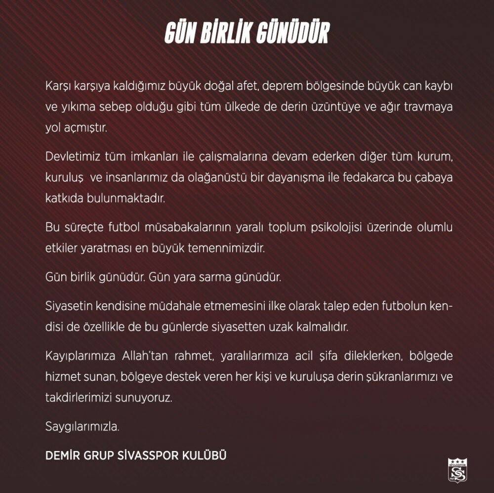 Sivasspor’dan açıklama: "Gün birlik günüdür"