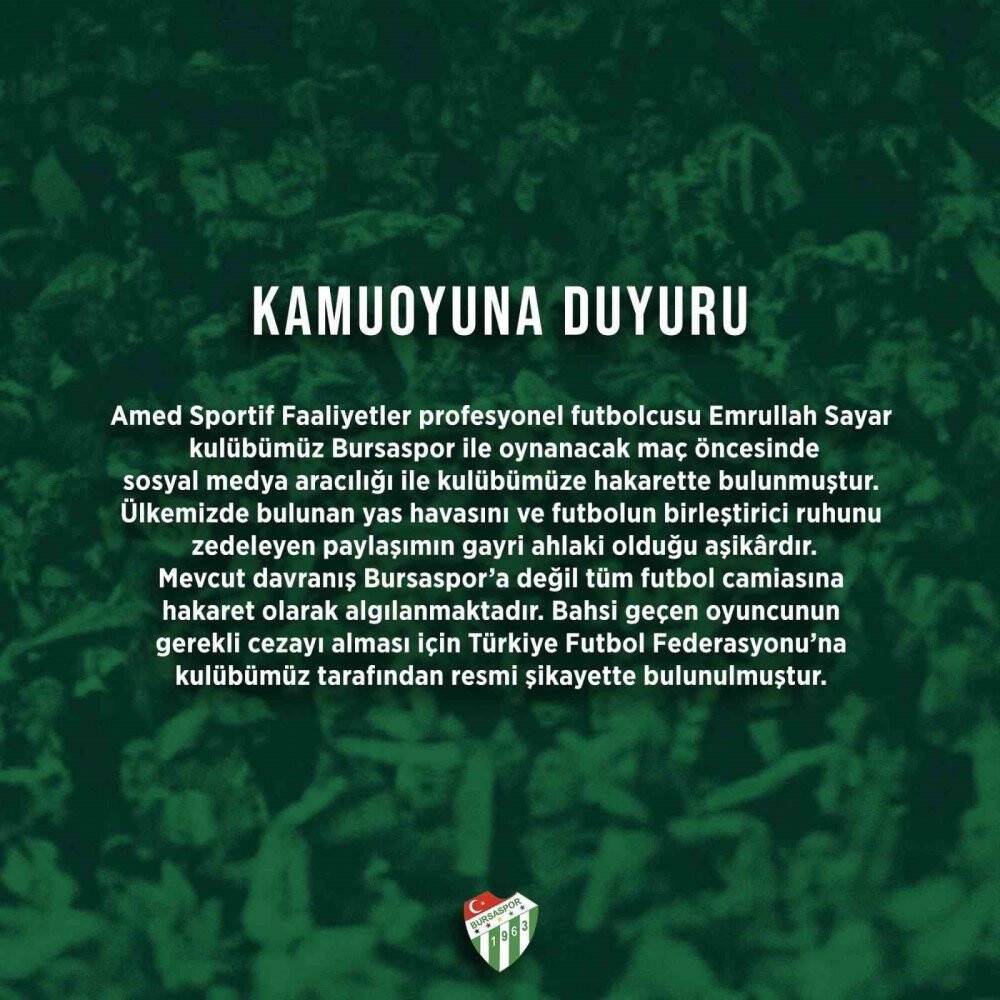 Bursaspor Kulübü, Amedsporlu oyuncuyu şikayet etti