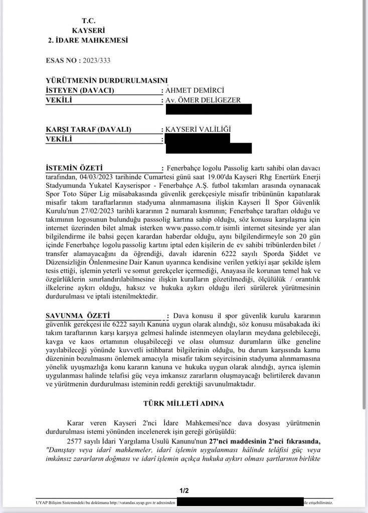 Kayserispor - Fenerbahçe maçına misafir takım taraftarı alınmayacak