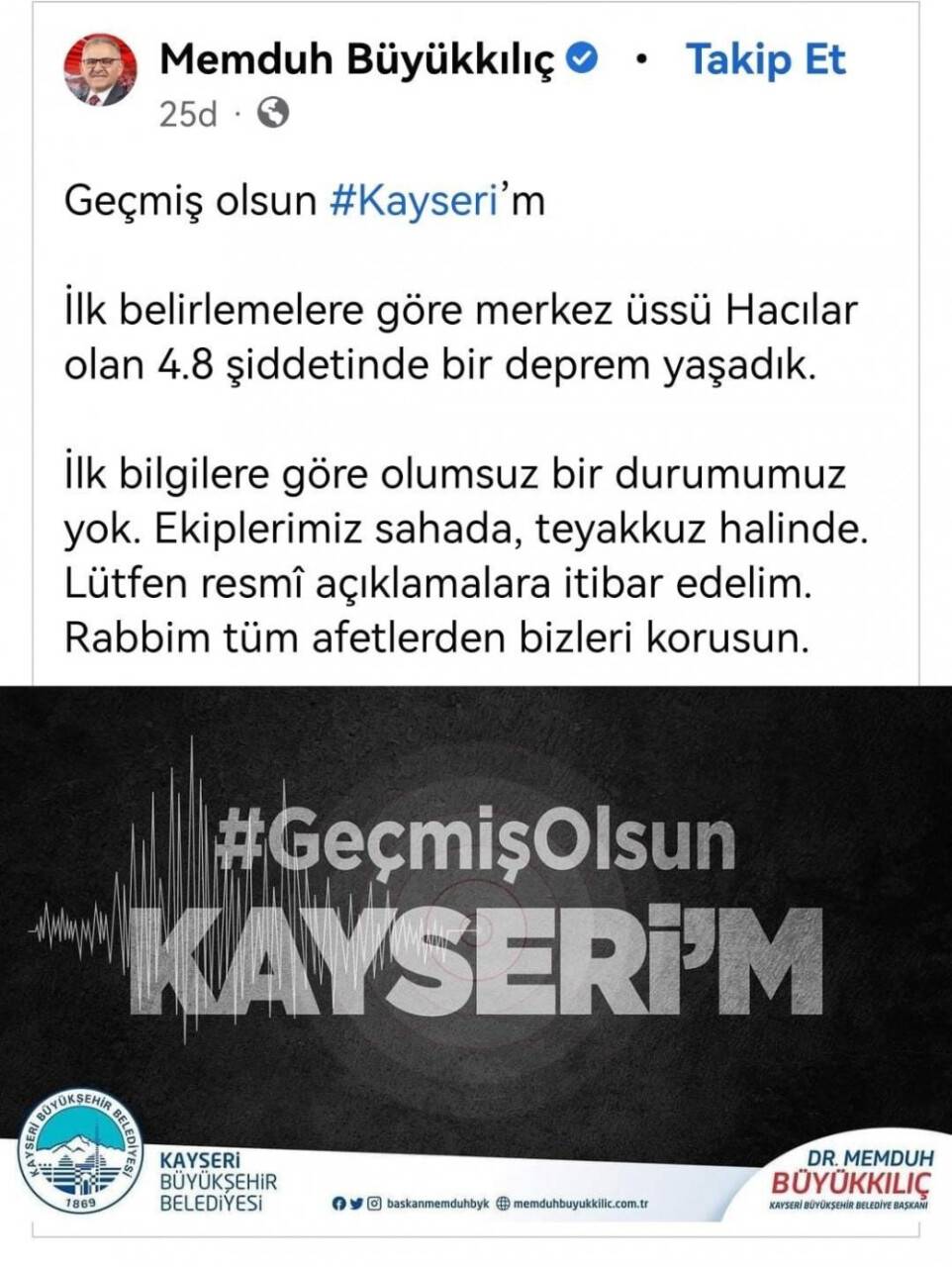 Kayseri'de sabaha karşı deprem