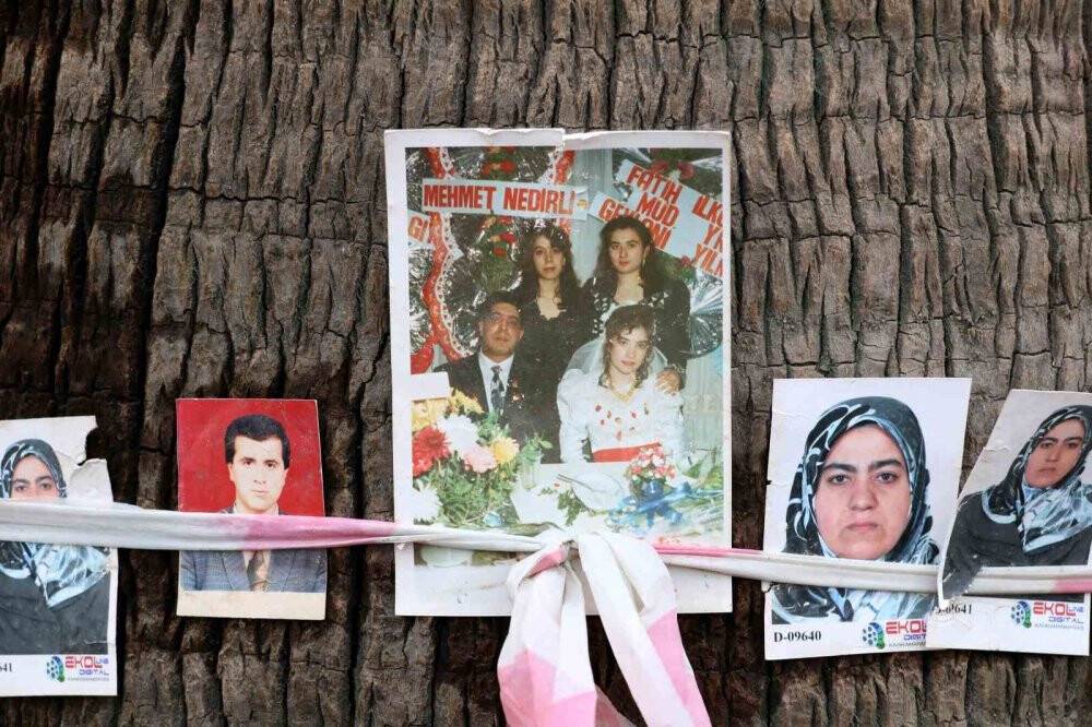 Enkazdan çıkan fotoğraflar ağaçlara bağlanıyor