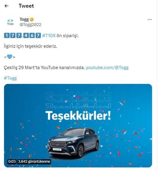 TOGG T10X modeli için ön sipariş başvuru sayısı belli oldu