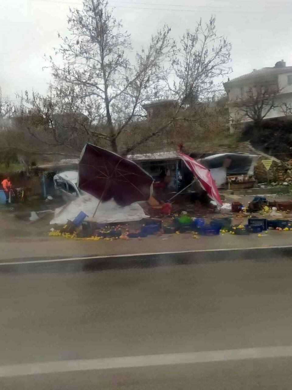 Kontrolden çıkan otomobil meyve tezgahına daldı