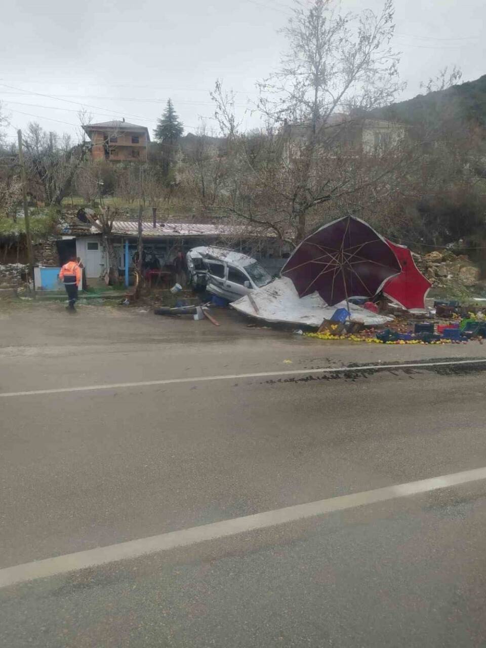 Kontrolden çıkan otomobil meyve tezgahına daldı