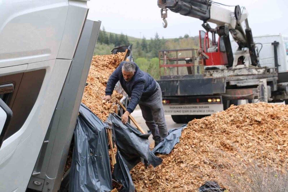 Odun talaşı yüklü tır devrildi, karayolu 2 saat ulaşıma kapandı