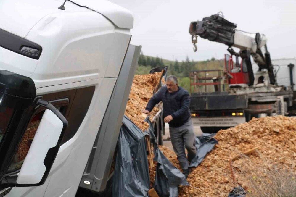 Odun talaşı yüklü tır devrildi, karayolu 2 saat ulaşıma kapandı