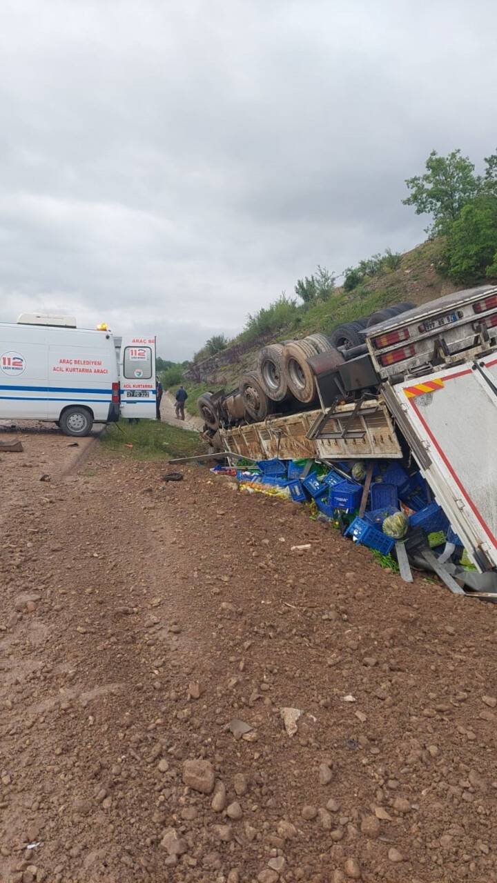 Sebze yüklü kamyon devrildi, sürücüsü yaralandı